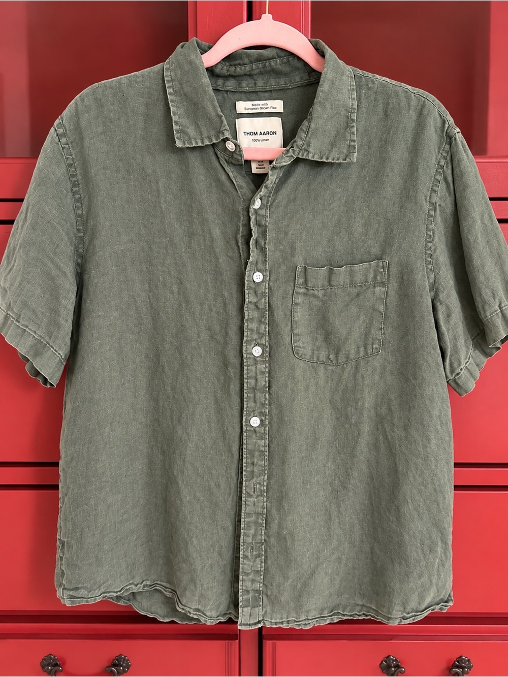 Thom Aaron Men’s 100% Linen Short Sleeve Shirt – Olive Green – Size Large